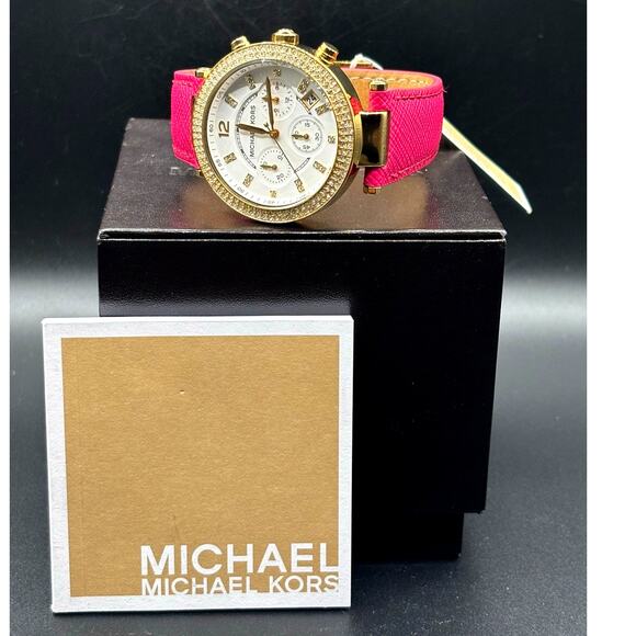 Michael Kors Parker MK2297 Crystal Chronograph Pink Leather Watch NWT main image 8